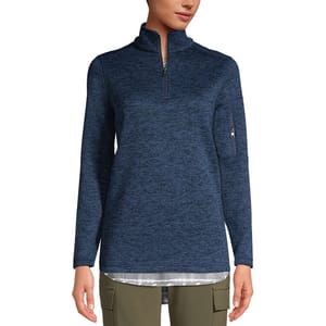 A navy blue long-sleeve quarter-zip pullover with a zippered pocket on the arm, paired with olive cargo pants.