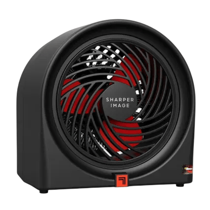 A compact, black and red desktop fan from Sharper Image with a circular design and spiral grill pattern.