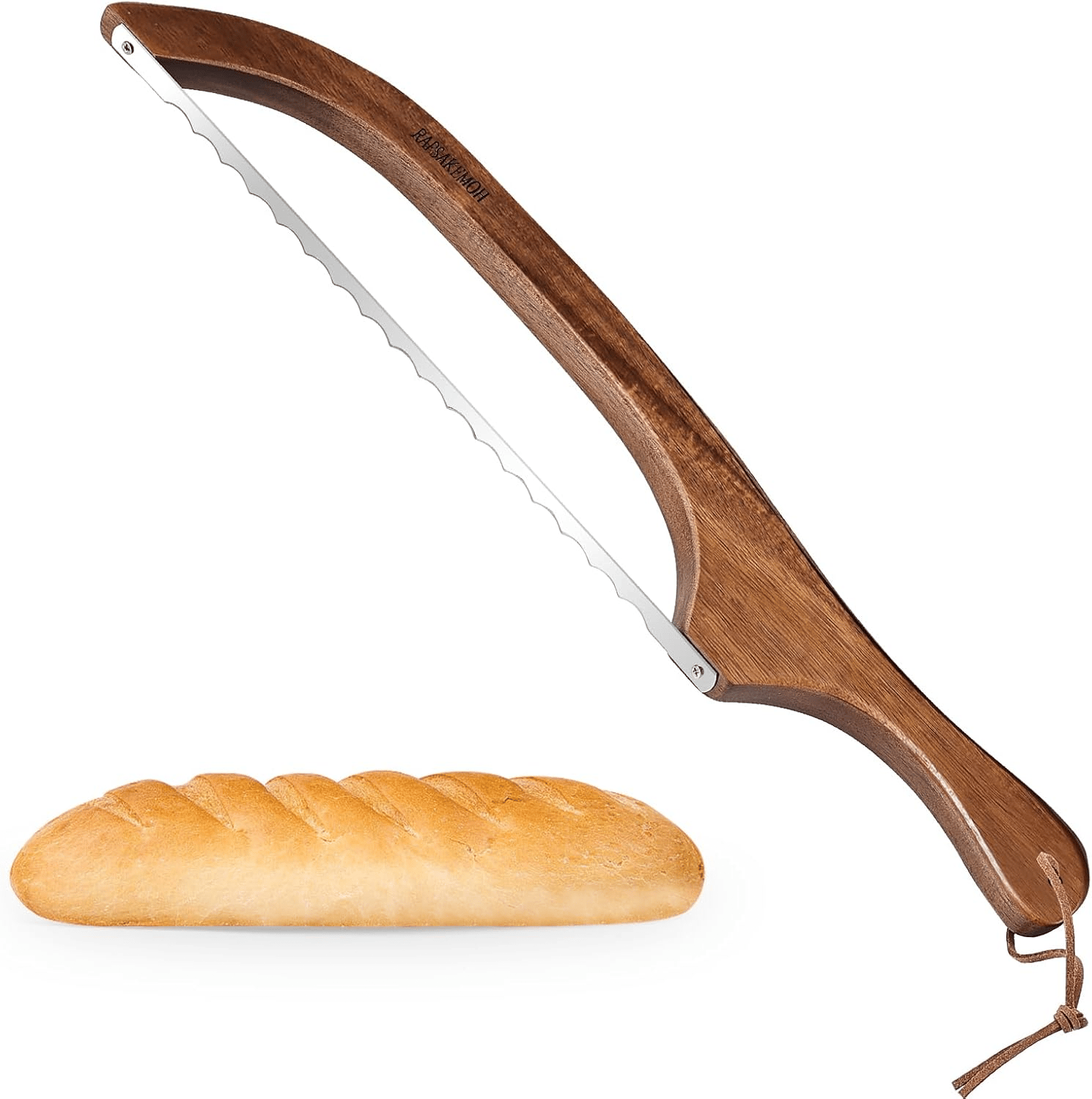 A wooden-handled serrated bread knife with a curved blade, designed for slicing bread, is shown alongside a loaf of bread.