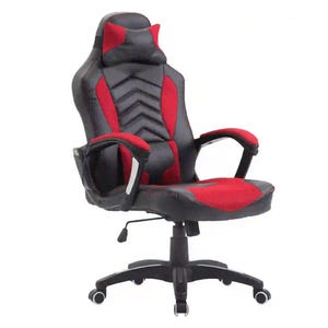 A black and red massaging gaming chair with a high backrest, ergonomic design, adjustable armrests, and a swivel base on caster wheels.
