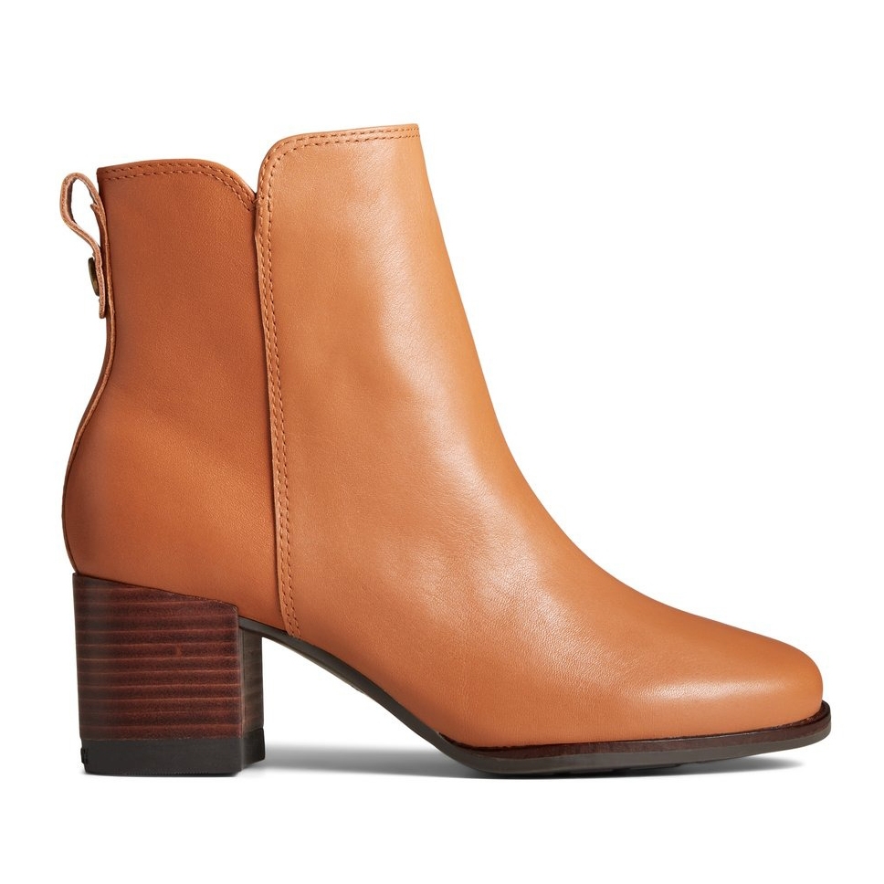 Tan leather ankle boot with a low block heel and side zipper.