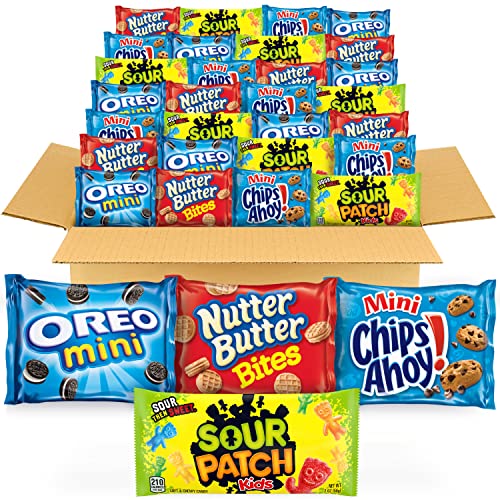 A variety pack of Nabisco snacks including Mini Oreo, Nutter Butter Bites, Mini Chips Ahoy, and Sour Patch Kids, arranged in a cardboard box.