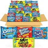 A variety pack of Nabisco snacks including Mini Oreo, Nutter Butter Bites, Mini Chips Ahoy, and Sour Patch Kids, arranged in a cardboard box.
