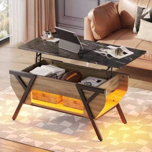 A modern coffee table with a lift-up top, built-in storage compartments, and a lower yellow shelf.