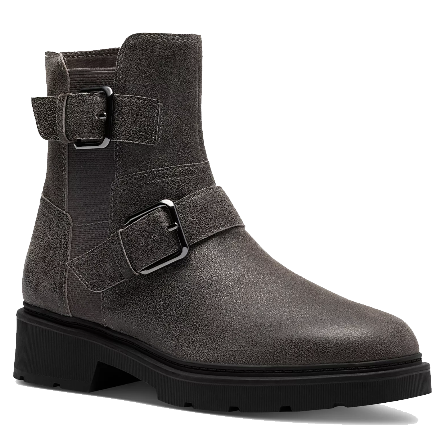 A stylish gray ankle boot featuring dual buckle straps, a sturdy rubber sole, and a textured finish.