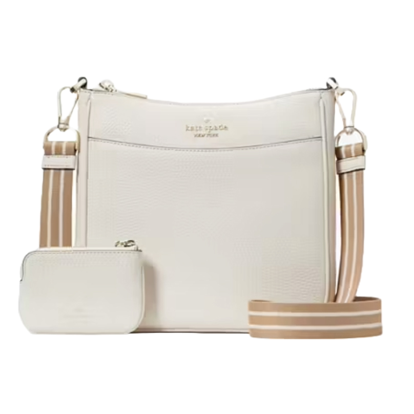 A cream-colored Kate Spade crossbody bag featuring a textured exterior, a gold logo, a striped strap, and an attached matching coin purse.