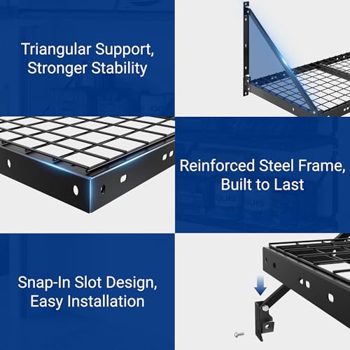 Steel shelving unit featuring triangular support for stability, a reinforced steel frame, and an easy snap-in slot design for installation.