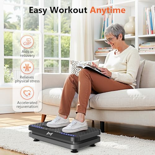 An older adult is seated on a couch using a vibration platform for exercise, which is noted to aid in recovery, relieve physical stress, and accelerate rejuvenation. The setting is a cozy living room with natural light.
