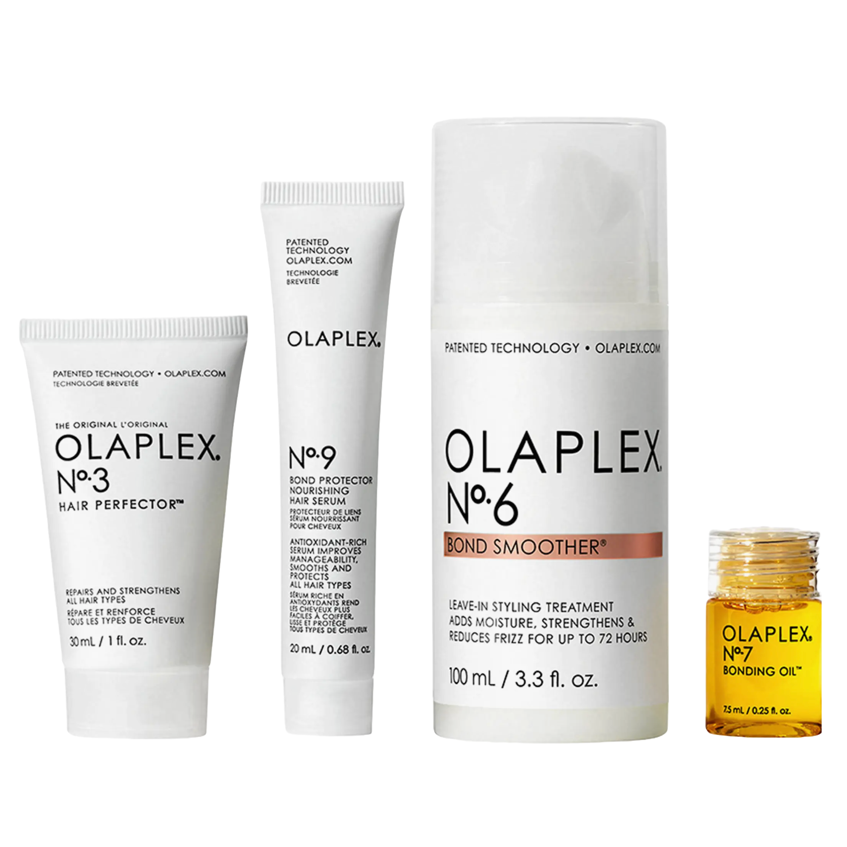 Olaplex collection with No.3 Hair Perfector (30ml), No.9 Bond Protector Nourishing Hair Serum (20ml), No.6 Bond Smoother Leave-In Styling Treatment (100ml), and No.7 Bonding Oil (7.5ml).