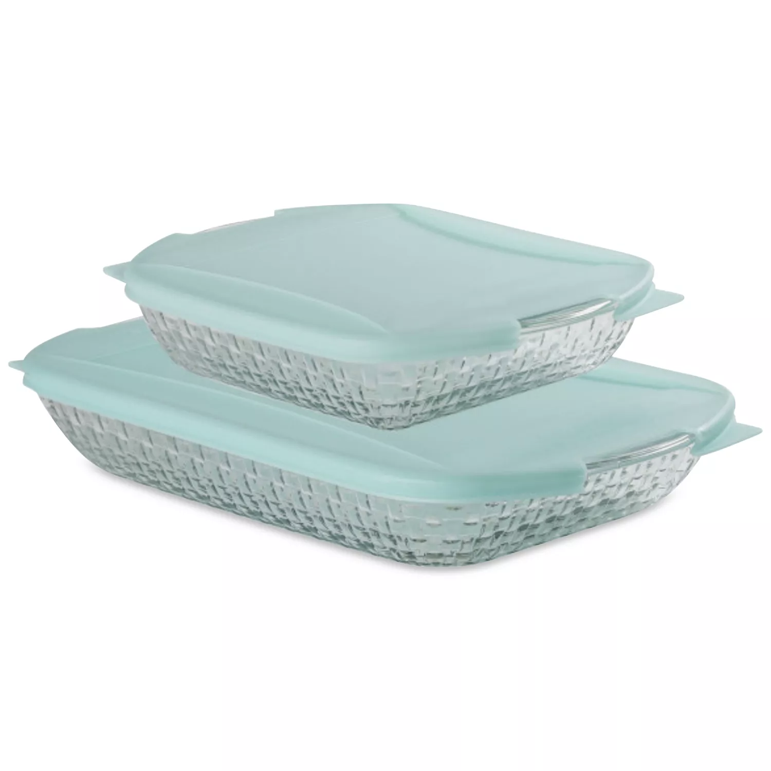 Set of two rectangular glass baking dishes with aqua-colored lids, featuring a textured pattern on the sides for decorative appeal.