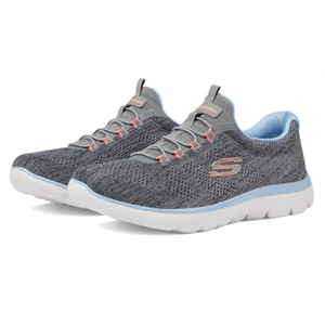 Skechers Fun Flair Shoes feature a gray knit upper with subtle pink accents, a slip-on design, and a white sole. They showcase the Skechers \“S\“ logo on the side and have a comfortable, cushioned interior.