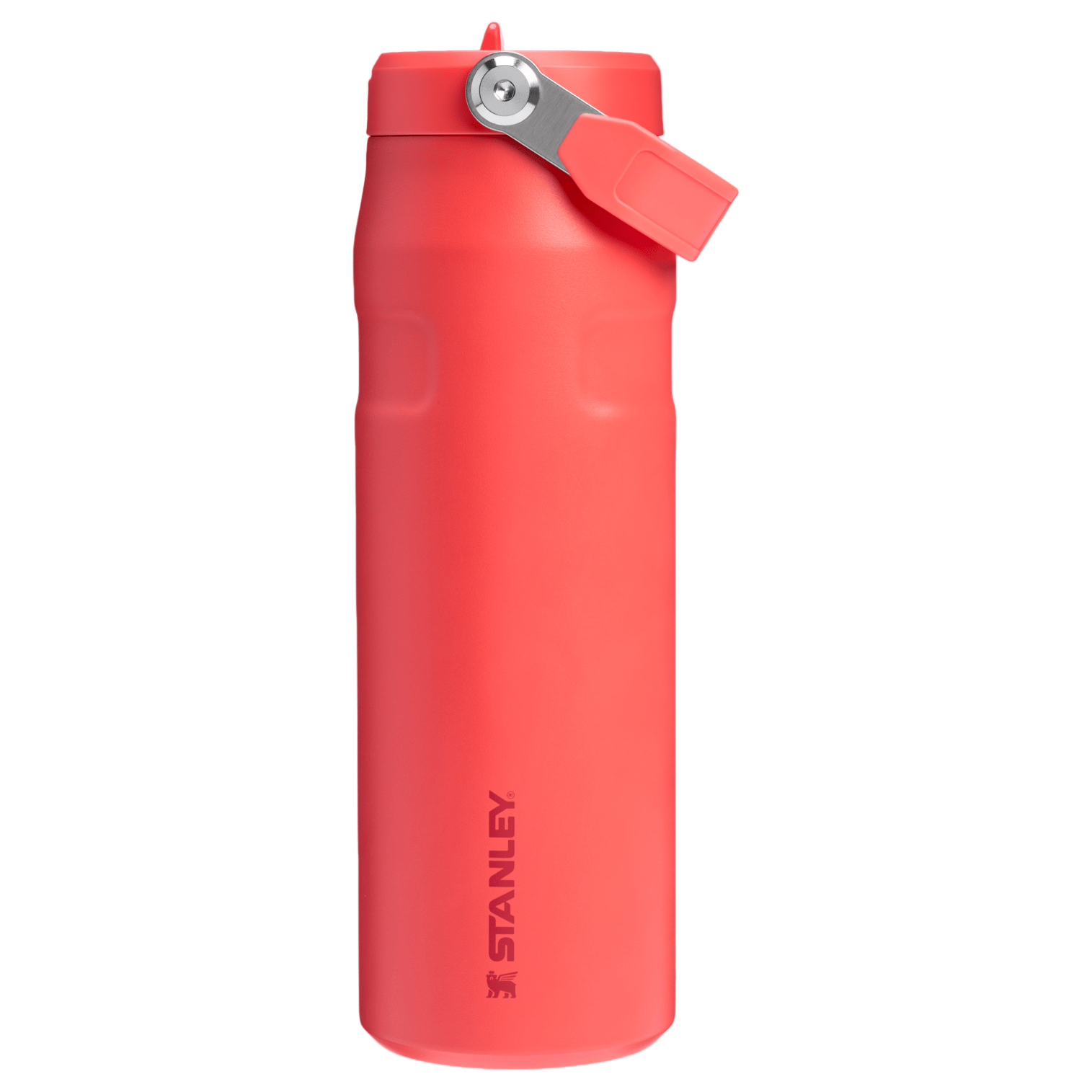 Red Stanley travel mug with a flip-top lid and carrying handle, featuring a stainless steel build and a smooth, matte finish.