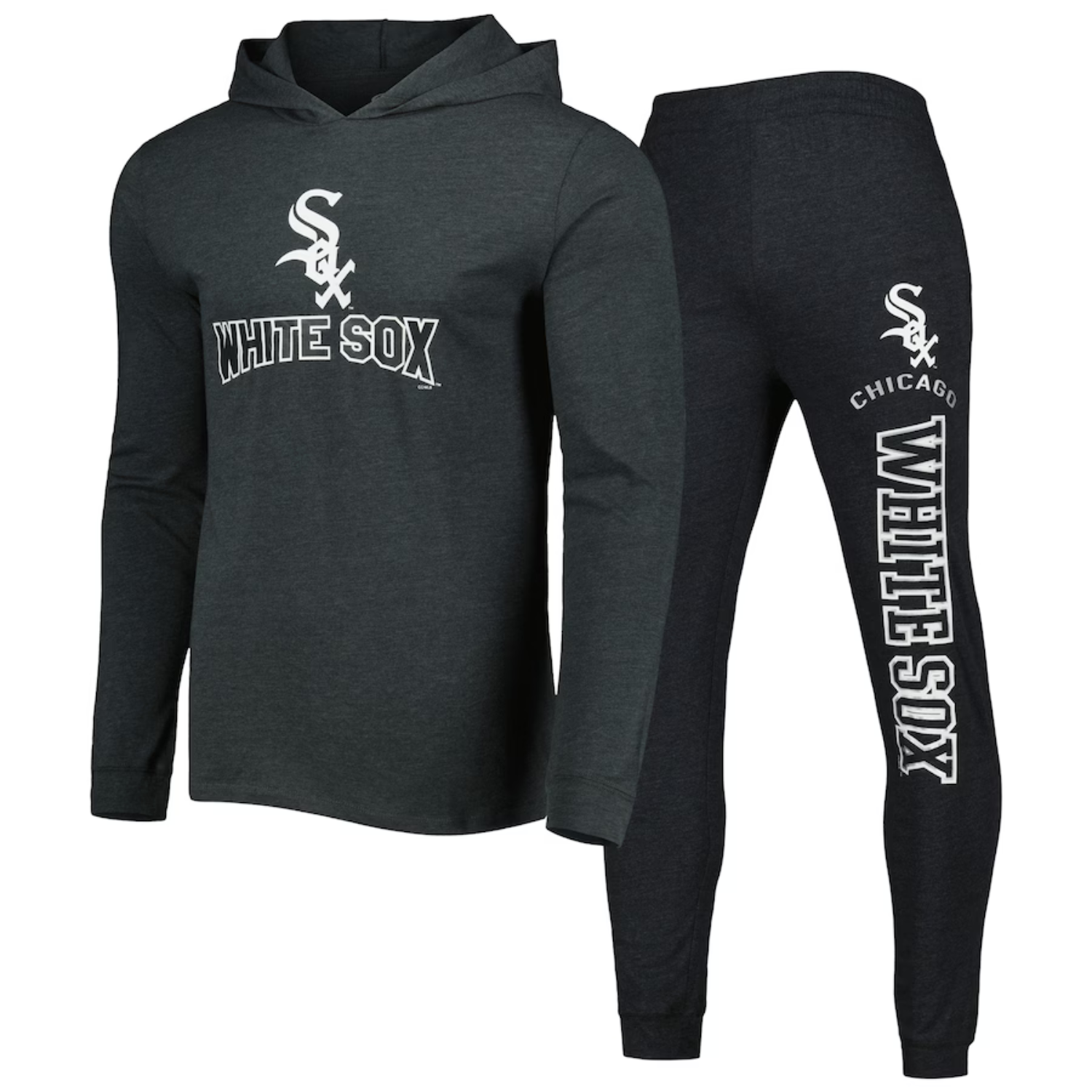 Chicago White Sox dark gray hoodie and sweatpants set featuring the team logo and text.