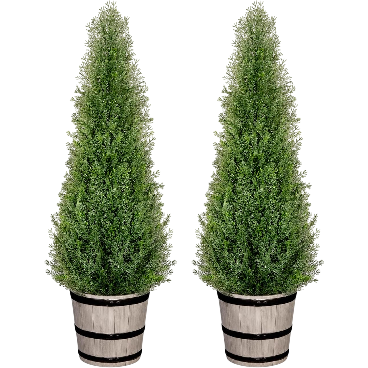Two artificial cedar trees in rustic wooden pots, designed for decorative purposes.