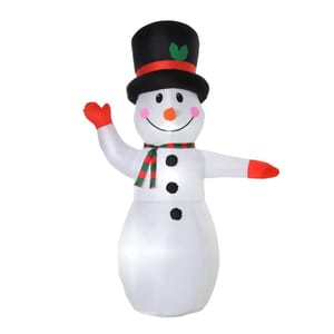 8' inflatable snowman with a black top hat, red mittens, a red and green striped scarf, and three black buttons. It has a smiling face with pink cheeks and a carrot nose.