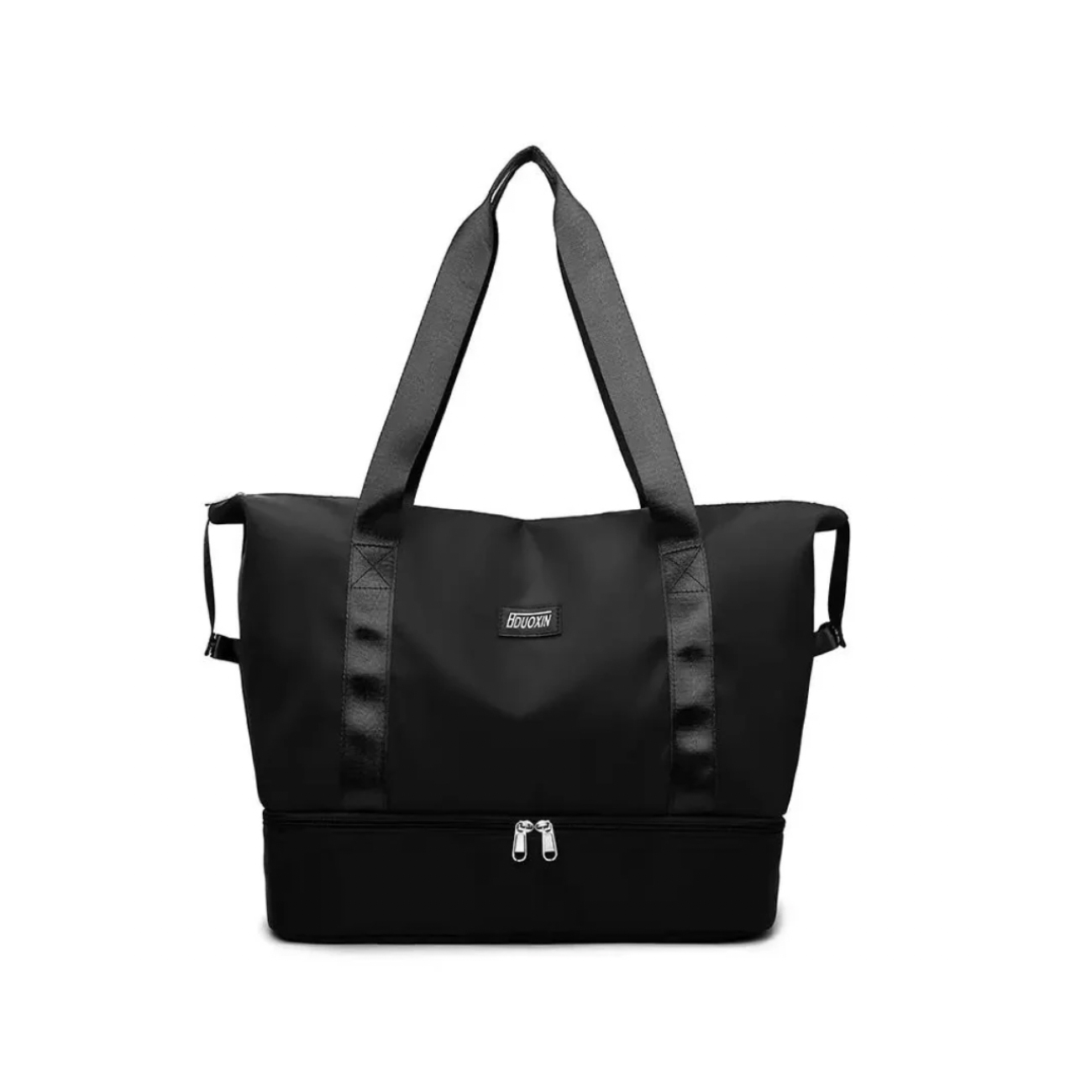 A black tote bag with shoulder straps and a zippered bottom compartment.