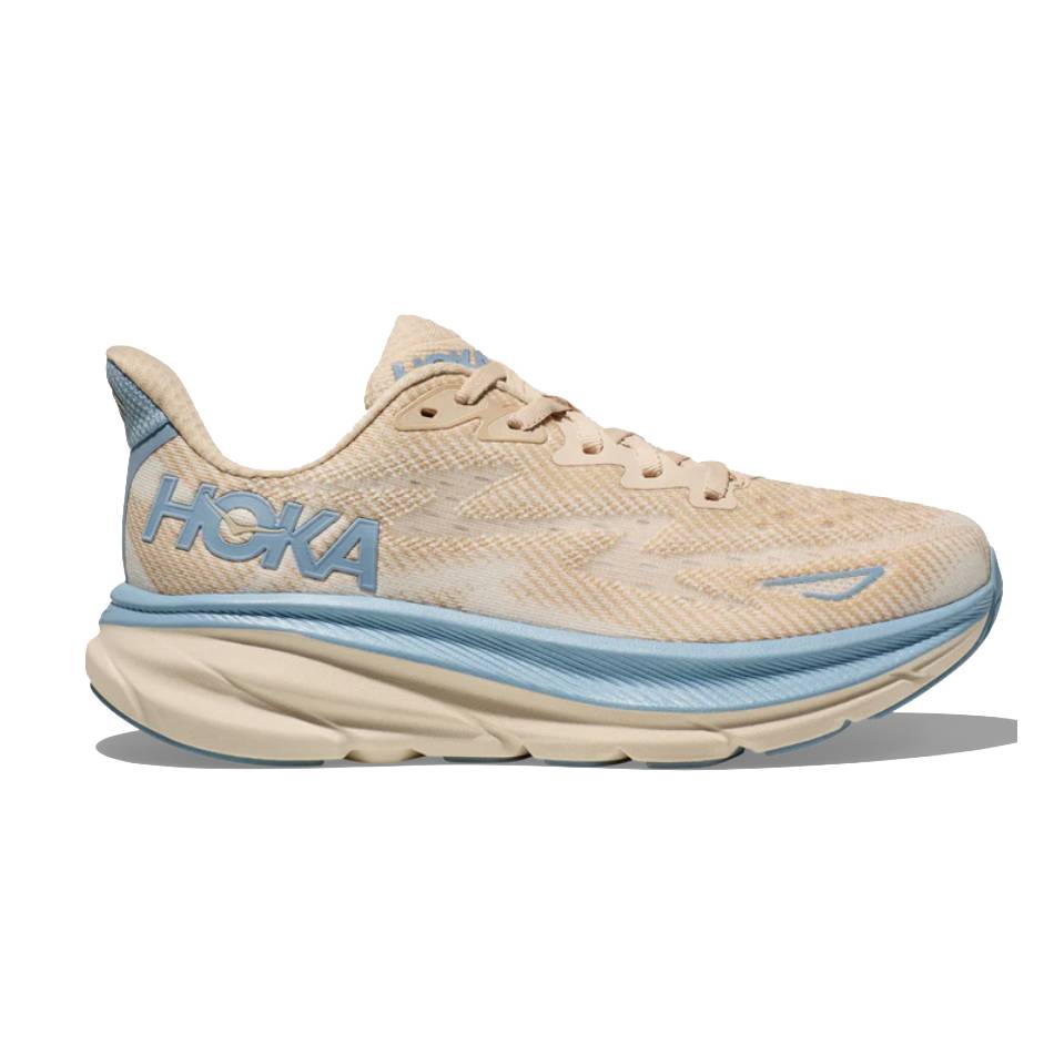 The Hoka Clifton 9 shoes feature a beige and light blue color scheme with a cushioned sole and the brand's signature logo on the side. They are designed for comfort and support, suitable for running or casual wear.