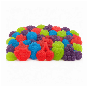 Colorful fruit-shaped gummy candies with smiley faces in red, blue, green, and purple, resembling cherries, grapes, and strawberries.