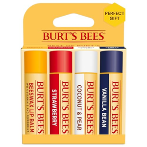 Burt's Bees gift set includes four lip balm flavors: Beeswax, Strawberry, Coconut & Pear, and Vanilla Bean.