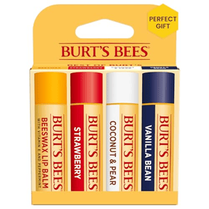 Burt's Bees gift set includes four lip balm flavors: Beeswax, Strawberry, Coconut & Pear, and Vanilla Bean.