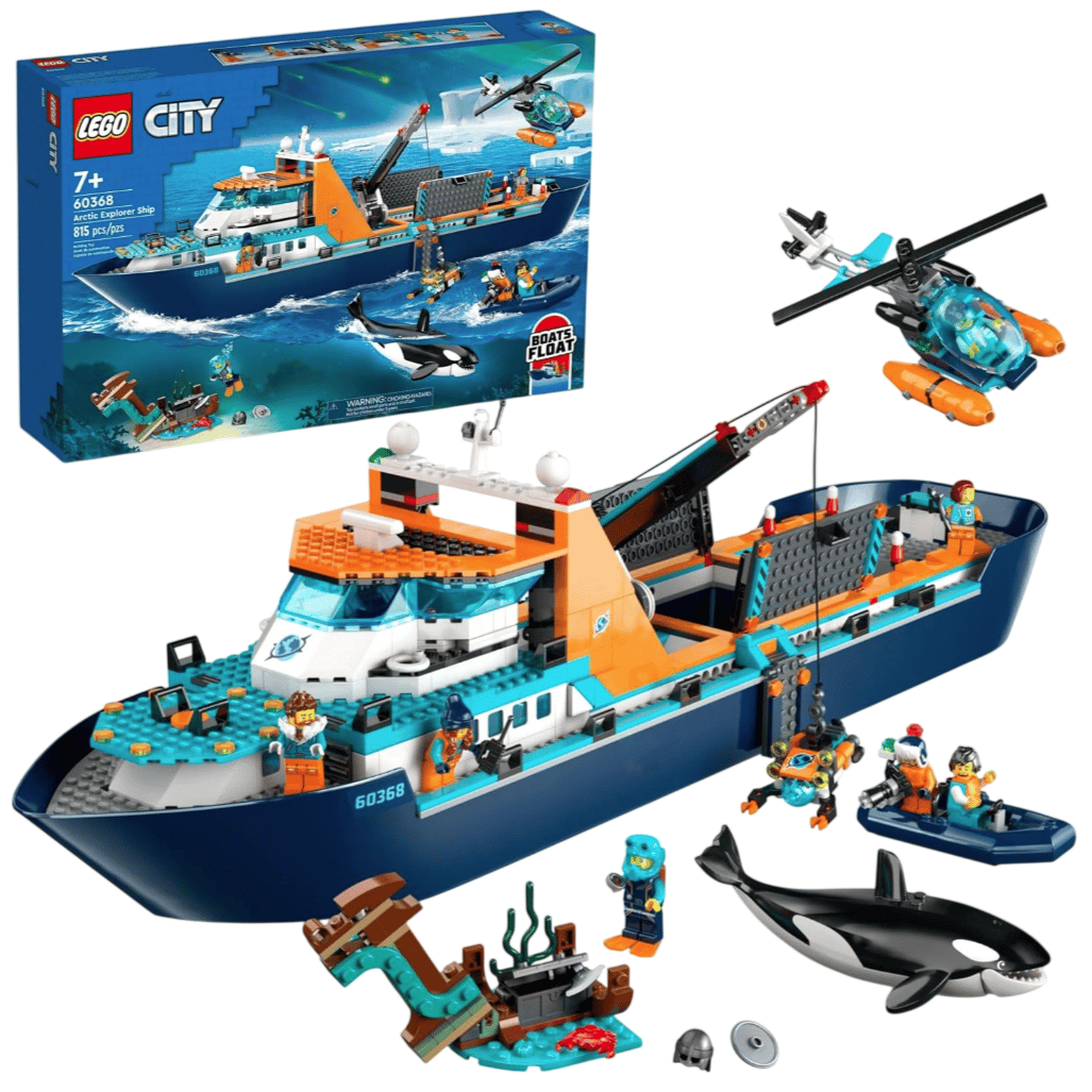 LEGO City Arctic Explorer Ship set 60368, featuring an exploration boat, helicopter, underwater drone, and figures including divers and a whale. Suitable for ages 7+ with 815 pieces.