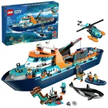 LEGO City Arctic Explorer Ship set 60368, featuring an exploration boat, helicopter, underwater drone, and figures including divers and a whale. Suitable for ages 7+ with 815 pieces.