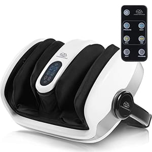 A heated foot and leg massager with black and white casing, featuring a digital display, multiple control buttons, and a remote.