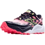 A Brooks Caldera trail running shoe featuring a vibrant design with pink, black, and yellow accents, robust tread, and cushioning for trail performance.