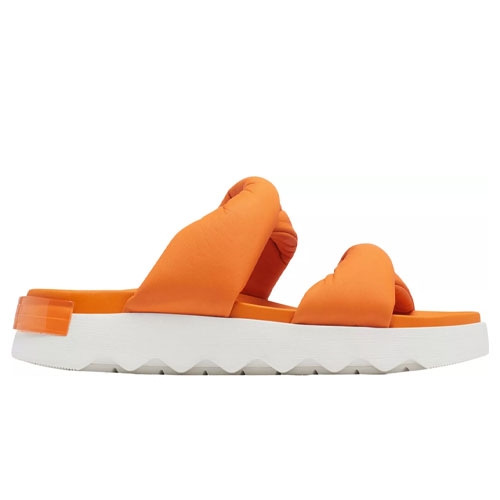 Bright orange Sorel Viibe Sandals feature chunky padded straps, a thick white zigzag sole, and an open-toe design for casual wear.