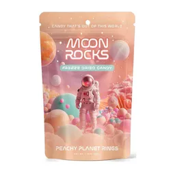 Moon Rocks freeze-dried candy in a space-themed package featuring an astronaut and colorful planets, labeled \“Peachy Planet Rings,\“ with a net weight of 1.76 oz (50g).