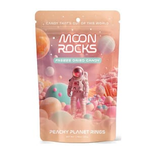 Moon Rocks freeze-dried candy in a space-themed package featuring an astronaut and colorful planets, labeled \“Peachy Planet Rings,\“ with a net weight of 1.76 oz (50g).