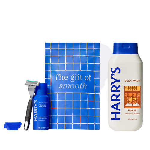 Harry's shaving set includes a razor, shave gel, and a blade cover, along with a bottle of Hearth body wash.