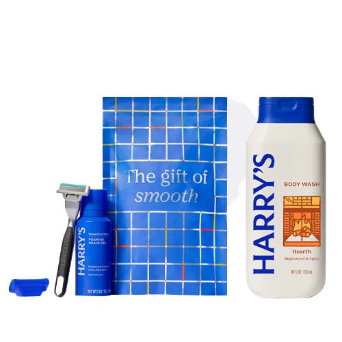 Harry's shaving set includes a razor, shave gel, and a blade cover, along with a bottle of Hearth body wash.