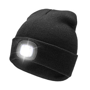 A black knit beanie with a built-in LED light on the front.