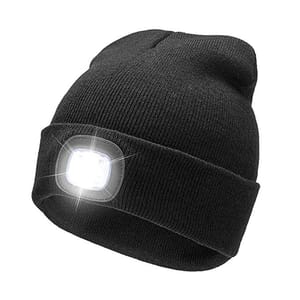 A black knit beanie with a built-in LED light on the front.
