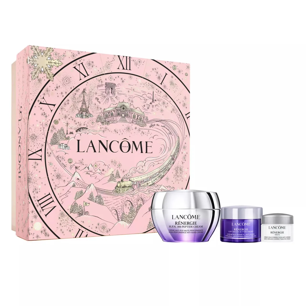 Lancôme gift set featuring Rénergie H.P.N. 300-Peptide Cream, accompanied by two smaller complementary skincare products, presented in a pink holiday-themed box.