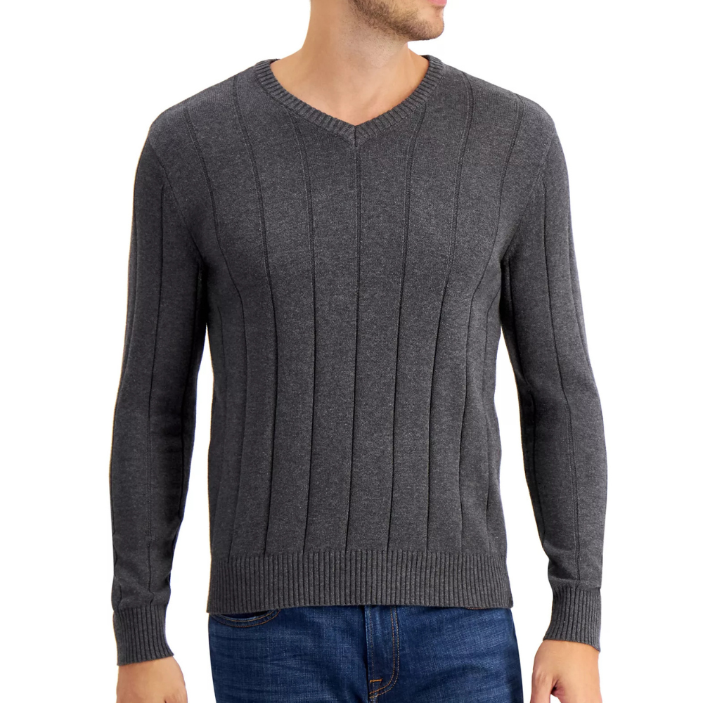 A gray, long-sleeve, V-neck sweater with vertical ribbed detailing, paired with blue jeans.