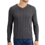 A gray, long-sleeve, V-neck sweater with vertical ribbed detailing, paired with blue jeans.
