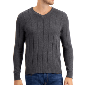 A gray, long-sleeve, V-neck sweater with vertical ribbed detailing, paired with blue jeans.