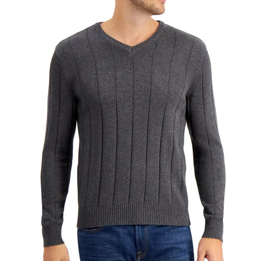 A gray, long-sleeve, V-neck sweater with vertical ribbed detailing, paired with blue jeans.