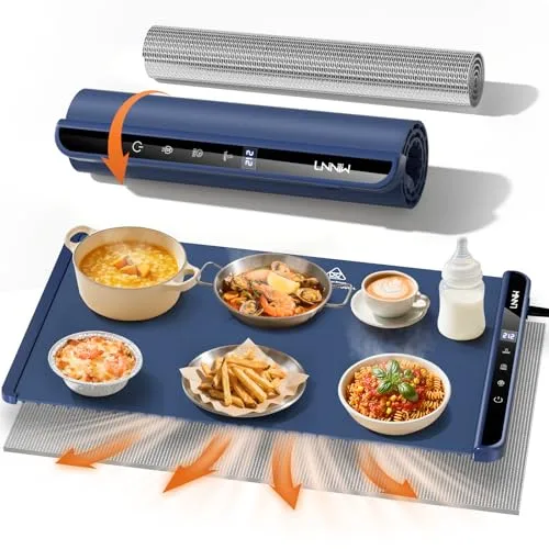 A multifunctional, rollable heating pad keeps food warm, with illustrated airflow showing even heat distribution. The pad accommodates various dishes, including a casserole, fries, and a coffee, and features a compact roll-up design for easy storage.