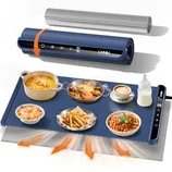 A multifunctional, rollable heating pad keeps food warm, with illustrated airflow showing even heat distribution. The pad accommodates various dishes, including a casserole, fries, and a coffee, and features a compact roll-up design for easy storage.