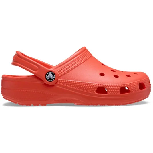 Red Crocs clog with ventilation holes, adjustable heel strap, and distinctive logo on the side.