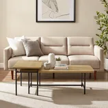 A beige sofa with a tufted design is accompanied by a dual-level wooden coffee table with metal legs, set on a textured rug. A minimalist abstract art piece is framed above, and a tall potted plant adds greenery to the room.