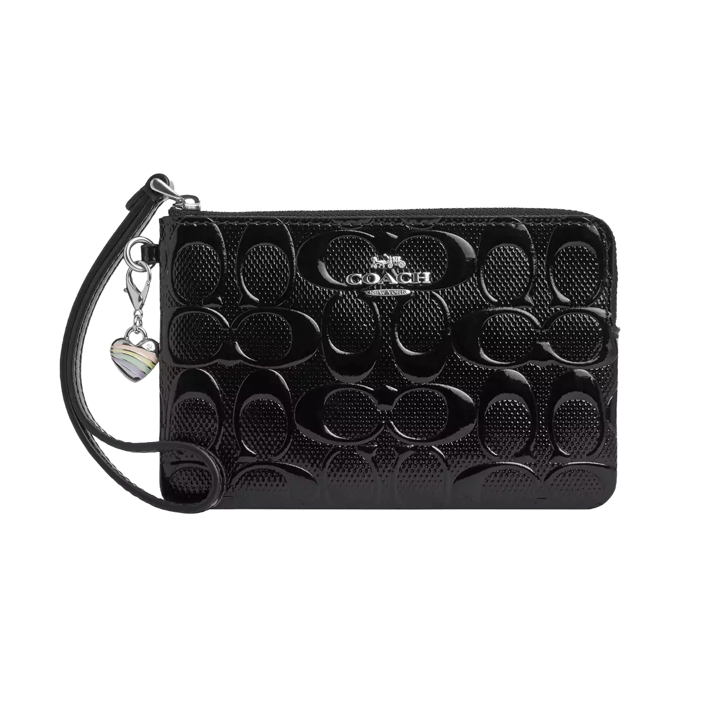 A black Coach wristlet with an embossed signature pattern, featuring a detachable strap and a rainbow-striped heart charm.