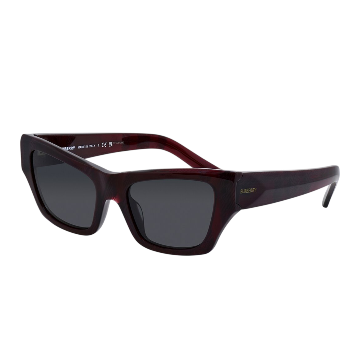 Rectangular sunglasses with dark lenses and a burgundy frame featuring the Burberry logo on the temples.