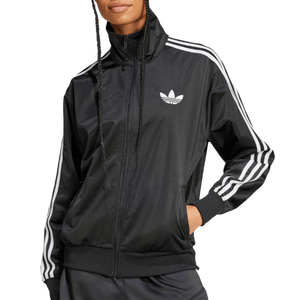 Black Adidas track jacket with white stripes on the shoulders and sleeves, featuring the Adidas Trefoil logo on the chest.