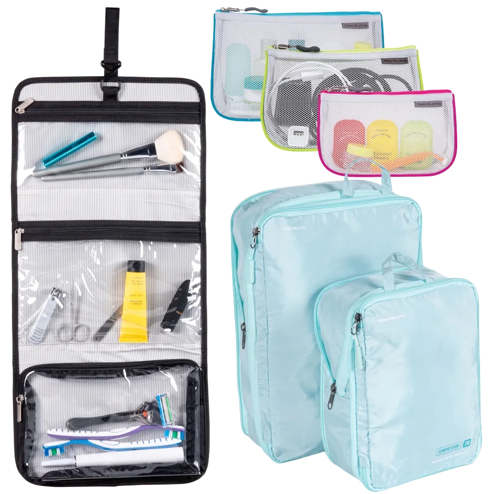 6-piece travel cube set includes a hanging toiletry bag with three clear compartments, three differently sized mesh zip pouches in blue, green, and pink, and two light blue zippered packing cubes.