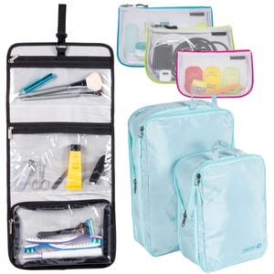 6-piece travel cube set includes a hanging toiletry bag with three clear compartments, three differently sized mesh zip pouches in blue, green, and pink, and two light blue zippered packing cubes.