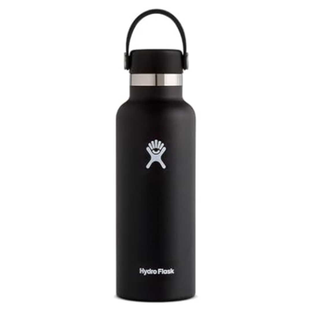 A black Hydro Flask water bottle with a handle on the lid and the Hydro Flask logo on its body.